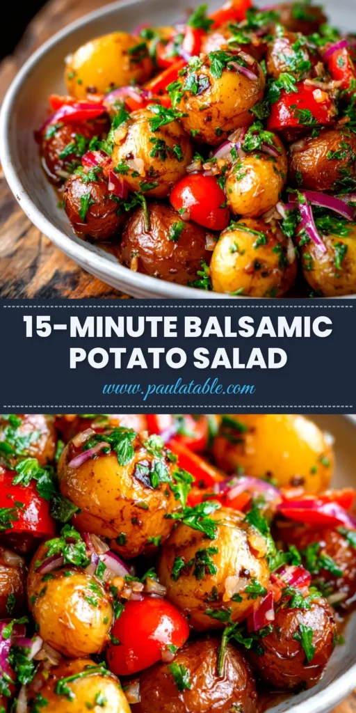 A large white bowl filled with Balsamic Potato Salad, garnished with fresh herbs. The perfect healthy side dish for any meal.