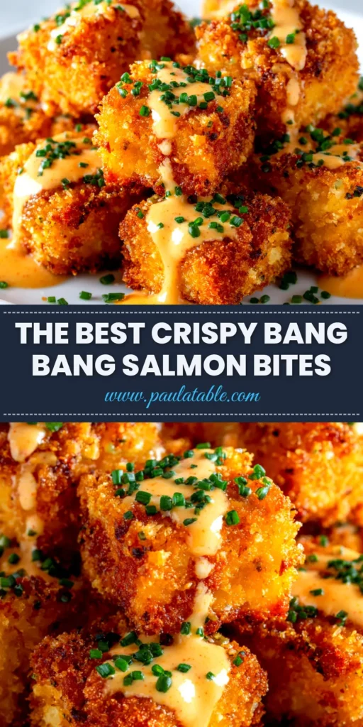 A top-down view of crispy Bang Bang Salmon Bites in a white bowl, drizzled with creamy sauce and garnished with green onions. Perfect for a quick and easy dinner recipe.