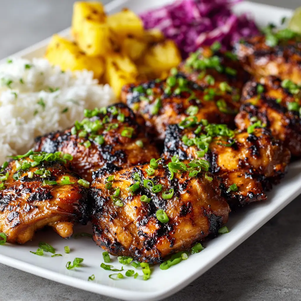 A close-up of a piece of Huli Huli chicken being basted with a thick pineapple and soy glaze during grilling.