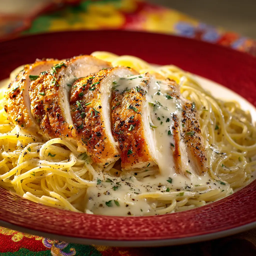 A beautifully plated serving of chicken alfredo in a shallow bowl, topped with freshly grated parmesan cheese and chopped parsley.