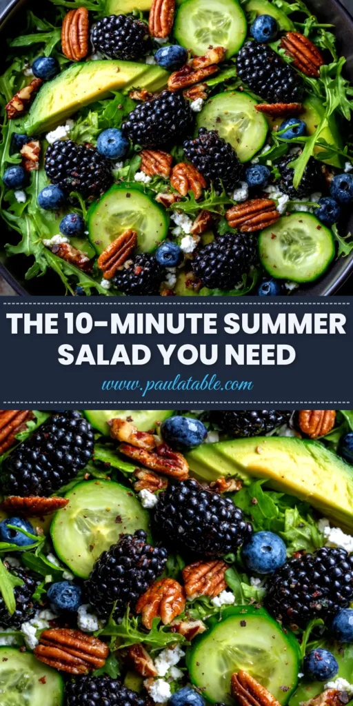 Blackberry Avocado Salad with Balsamic Vinaigrette 4 A vibrant and fresh Blackberry Avocado Salad in a white bowl, topped with feta cheese and pecans with a side of balsamic vinaigrette.