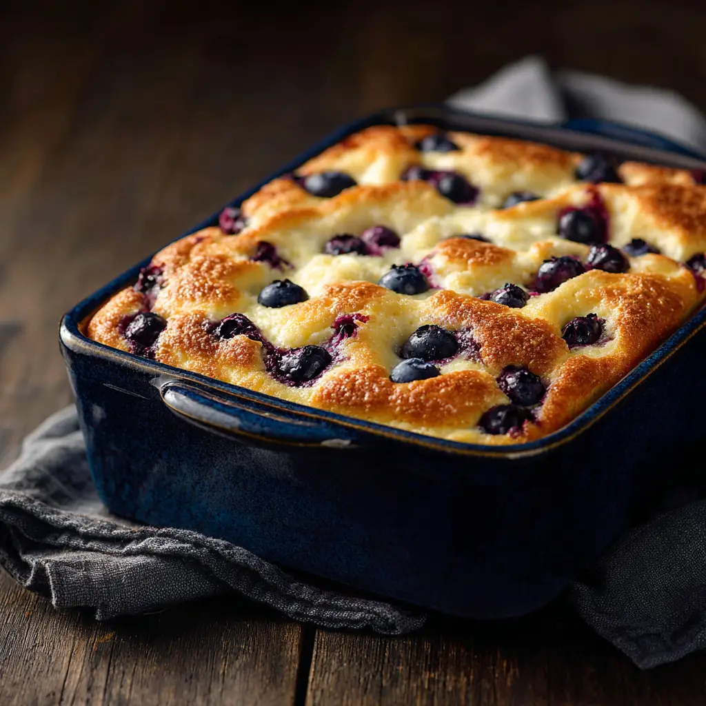 A corner view of the cottage cheese breakfast casserole with blueberries, showing the creamy, set texture after baking.