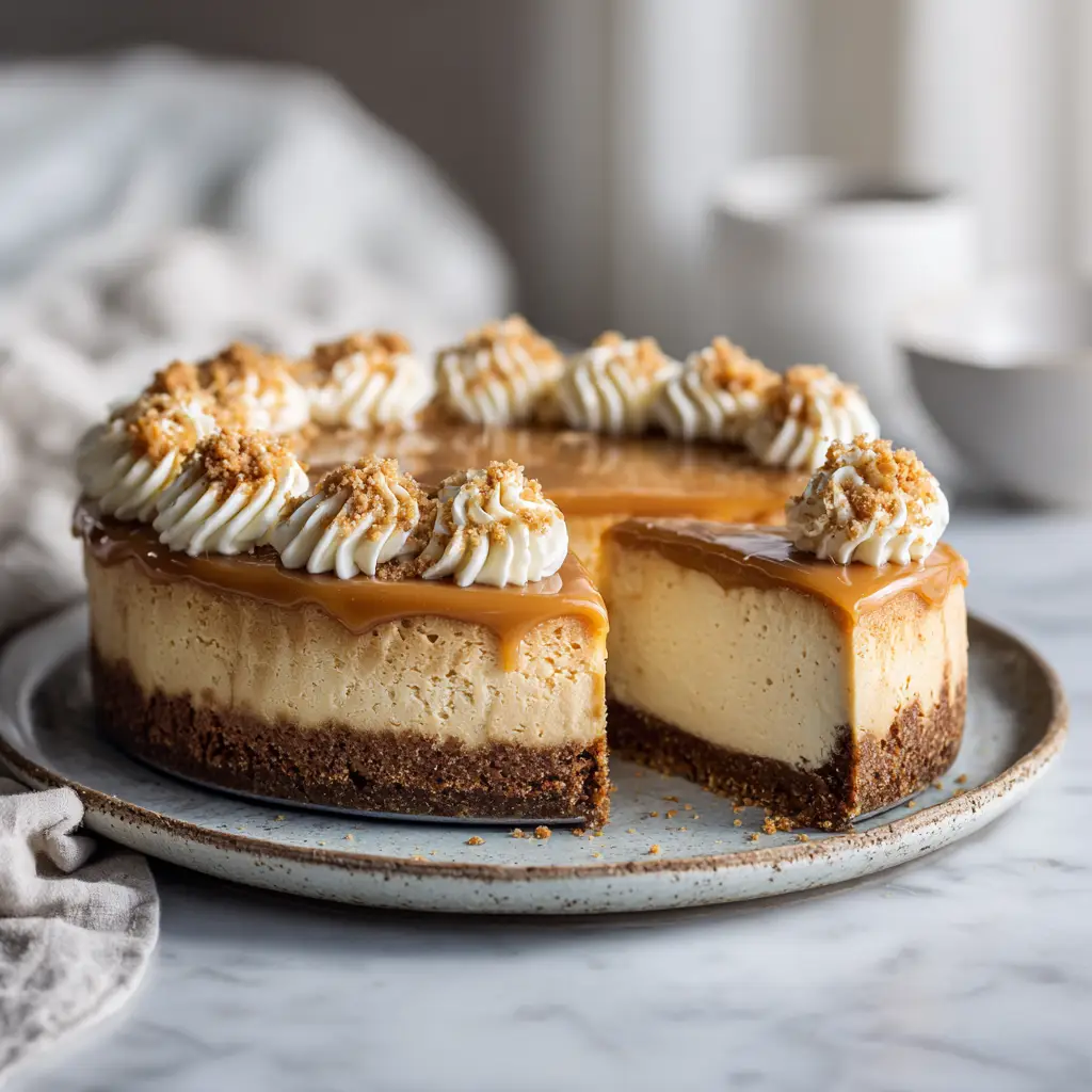 A close-up shot of the creamy cheesecake filling being poured over the graham cracker crust in a springform pan.