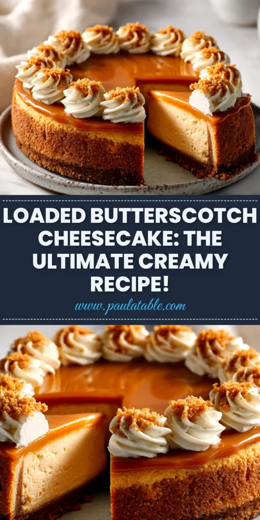 A perfect slice of creamy butterscotch cheesecake on a white plate, drizzled with homemade butterscotch sauce. The full cheesecake is visible in the background.