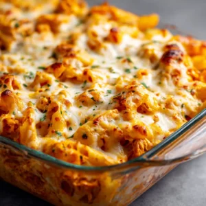 A close-up spoonful of cheesy Buffalo Chicken Pasta Bake, highlighting the tender shredded chicken and penne pasta coated in a creamy, spicy orange sauce.