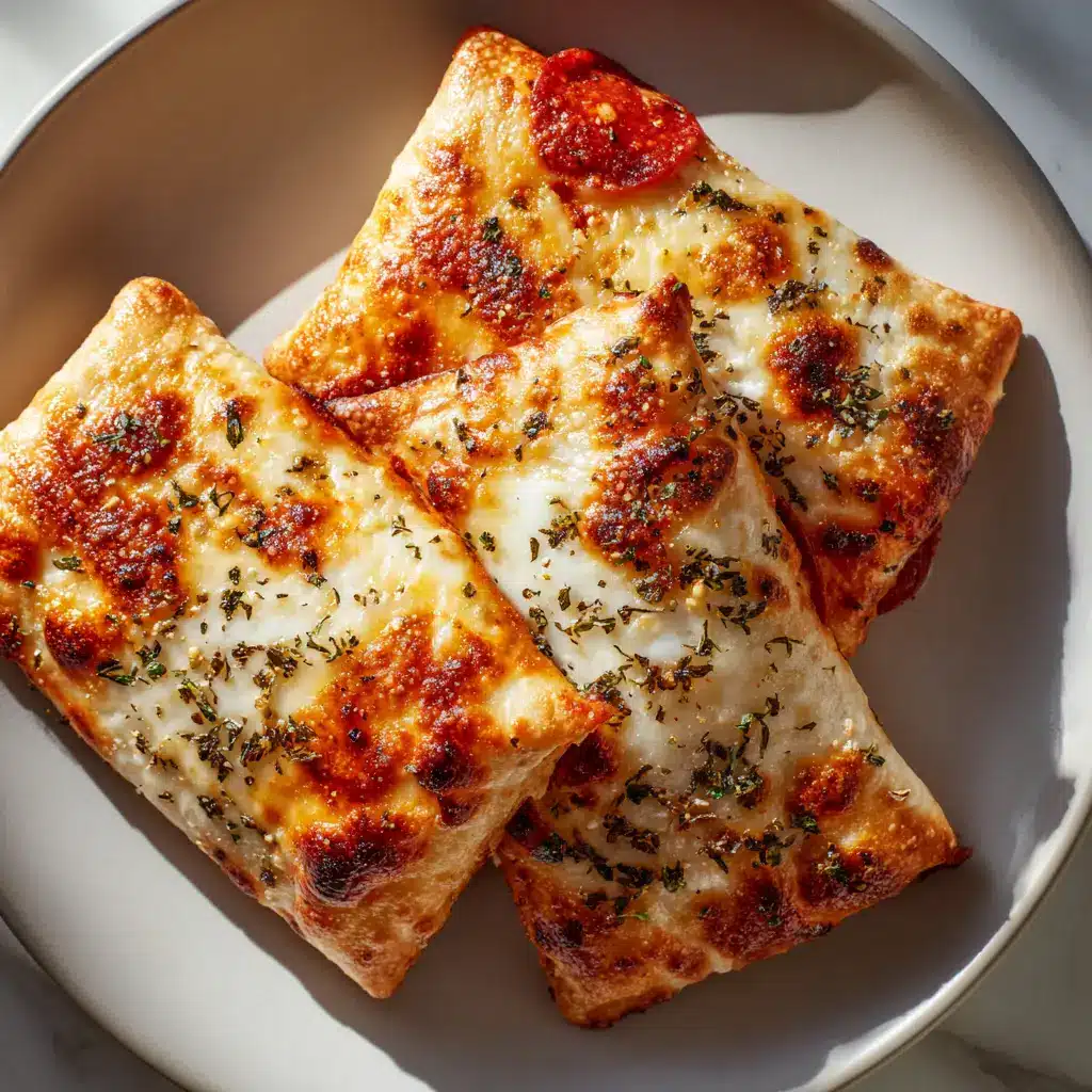 A variation of the pizza pockets, with one cut in half to reveal the melted mozzarella cheese and pepperoni inside. This illustrates the customizable fillings for the recipe.