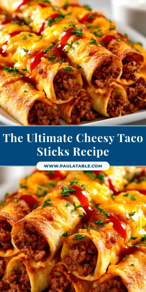 A platter of golden-brown Cheesy Taco Sticks, with melted cheese visible, arranged neatly for a party appetizer.