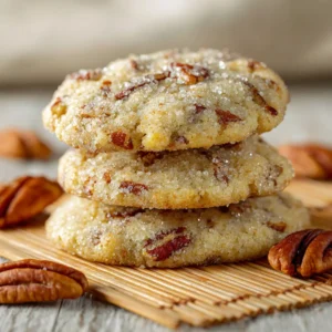 A close-up shot of three chewy butter pecan cookies stacked on top of each other, showing their soft texture and chunks of pecans.