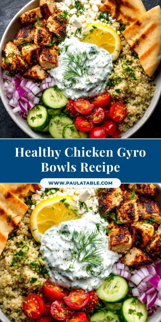 Chicken Gyro Bowl (Better Than Takeout!) 3 An overhead shot of a vibrant Chicken Gyro Bowl, filled with marinated chicken, fresh tomatoes, cucumbers, and a dollop of creamy tzatziki sauce.