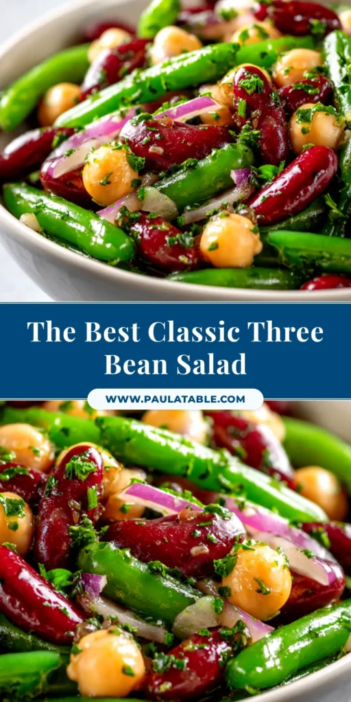 Three Bean Salad (The Perfect Potluck Dish!) 3 A large white bowl filled with classic three bean salad, showcasing green beans, kidney beans, and wax beans in a clear dressing, with a serving spoon resting inside.