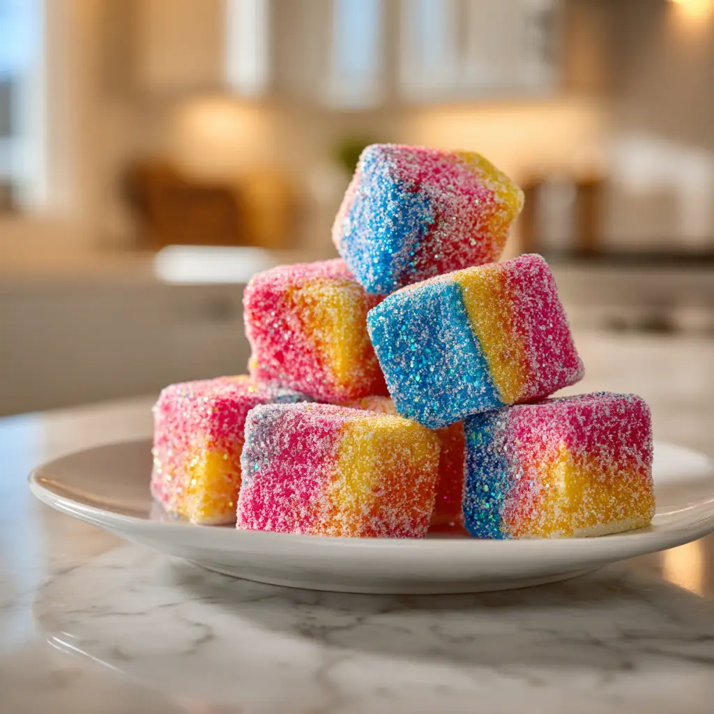 Kool-Aid Fizzy Marshmallows: A Fun, Tangy, Bouncy Treat 1 A bowl filled with multi-colored fizzy marshmallow cubes, showing off different Kool-Aid flavors like cherry red, blue raspberry, and grape purple.