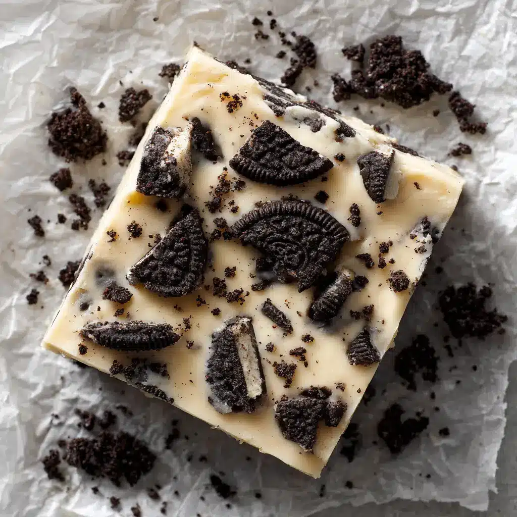 A pan of freshly made cookies and cream fudge before it has been chilled and cut.