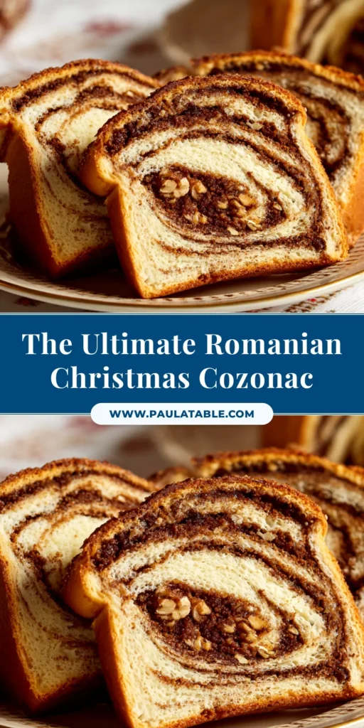 A beautiful braided loaf of traditional Romanian sweet bread from a Cozonac Recipe, with a slice cut to show the walnut swirl filling.