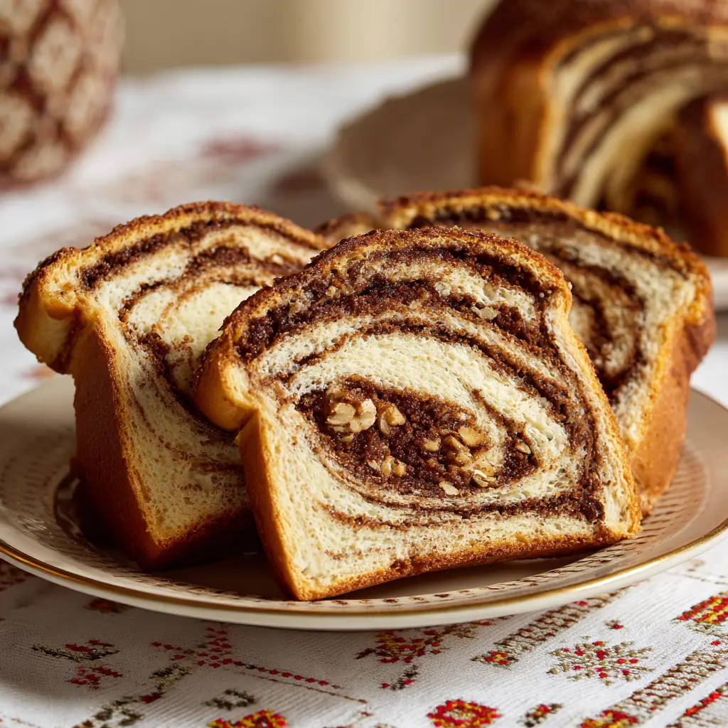 A sliced piece of cozonac, revealing the rich and delicious walnut and cocoa filling swirled inside the sweet bread.