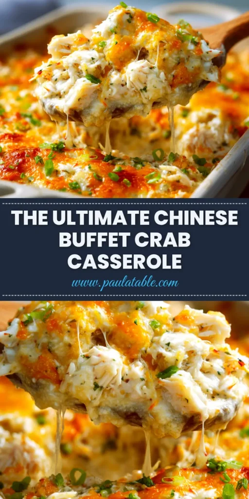 A delicious and easy Crab Casserole Recipe baked in a white dish, showing the golden-brown breadcrumb topping and creamy interior. A serving spoon is lifting a portion out.