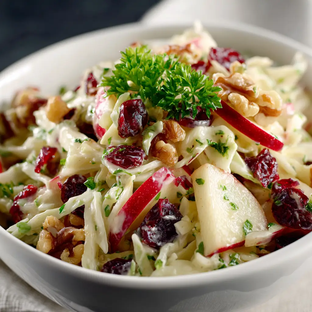 Cranberry Apple Coleslaw: A Refreshing Twist on a Classic 2 A close-up shot of the creamy dressing being poured over the fresh ingredients for the cranberry apple salad, including cabbage, apples, and carrots.