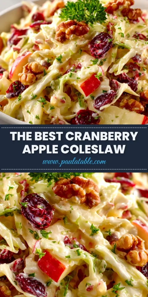 Cranberry Apple Coleslaw: A Refreshing Twist on a Classic 3 A top-down view of a large white bowl filled with delicious Cranberry Apple Coleslaw, garnished with fresh herbs. The perfect holiday side dish recipe.