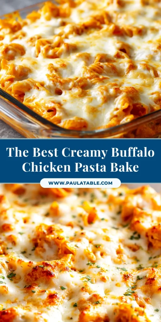 A delicious and creamy Buffalo Chicken Pasta Bake in a white baking dish, topped with melted cheese and fresh parsley. Perfect for an easy weeknight dinner.