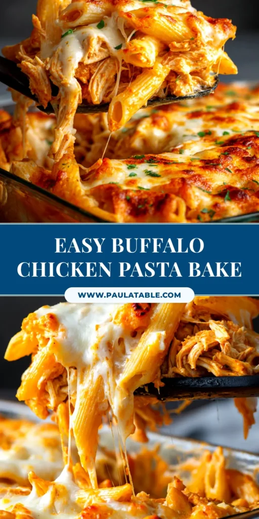 A close-up shot of a white bowl filled with creamy buffalo chicken pasta, garnished with blue cheese and green onions.