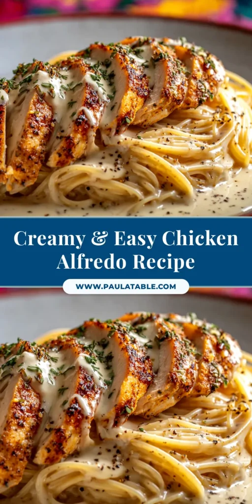 A top-down view of a white bowl filled with creamy chicken alfredo, garnished with fresh parsley and black pepper. The best easy chicken alfredo recipe.