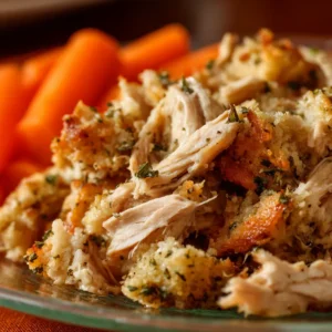 A close-up spoonful of crock pot chicken and stuffing, showing the creamy chicken and moist stuffing topping.