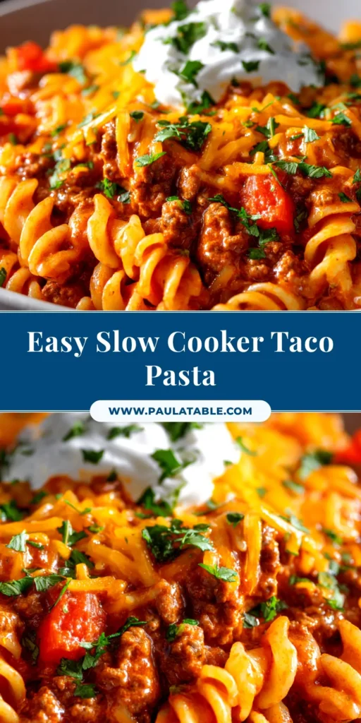 A large white bowl filled with creamy and cheesy Crockpot Taco Pasta, garnished with fresh cilantro. The perfect easy weeknight dinner idea.