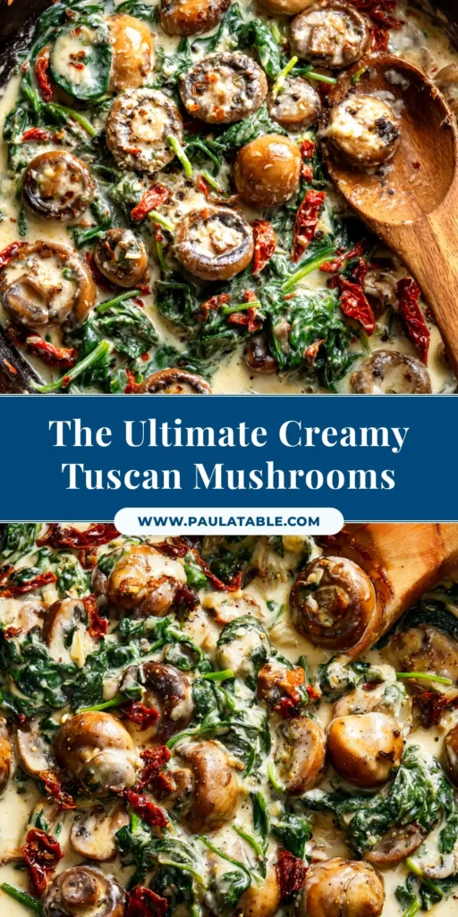 An overhead shot of Creamy Garlic Tuscan Mushrooms in a skillet, garnished with fresh parsley. The rich, creamy sauce coats the mushrooms, sun-dried tomatoes, and spinach.