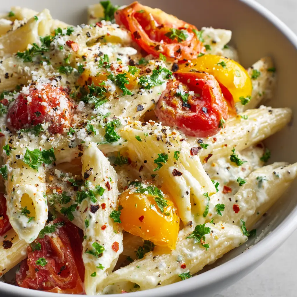A detailed macro photograph of a forkful of creamy ricotta pasta, showcasing the velvety texture of the sauce.