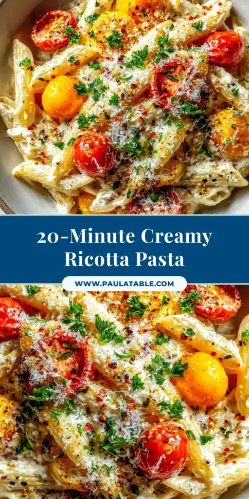 A beautiful bowl of creamy ricotta pasta garnished with fresh parsley and parmesan cheese. The pasta is perfectly coated in a smooth, white sauce.