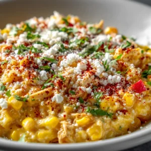 An extreme close-up of a spoonful of creamy elote chicken casserole, showing the texture of the corn, chicken, and melted cheese.