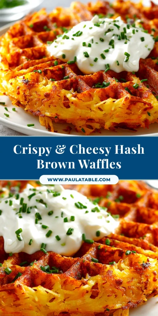 A stack of golden brown hash brown waffles on a white plate, topped with a fried egg and fresh chives, ready for a delicious breakfast.