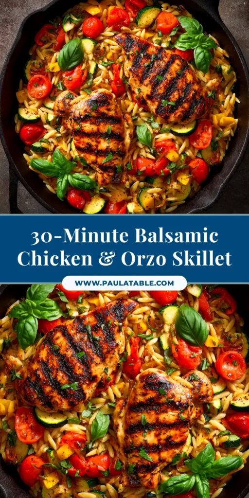 A beautiful bowl of Easy Balsamic Chicken and Veggie Orzo, perfect for a healthy weeknight dinner. The image showcases tender chicken, roasted vegetables, and a rich balsamic glaze, ready to be shared on Pinterest.