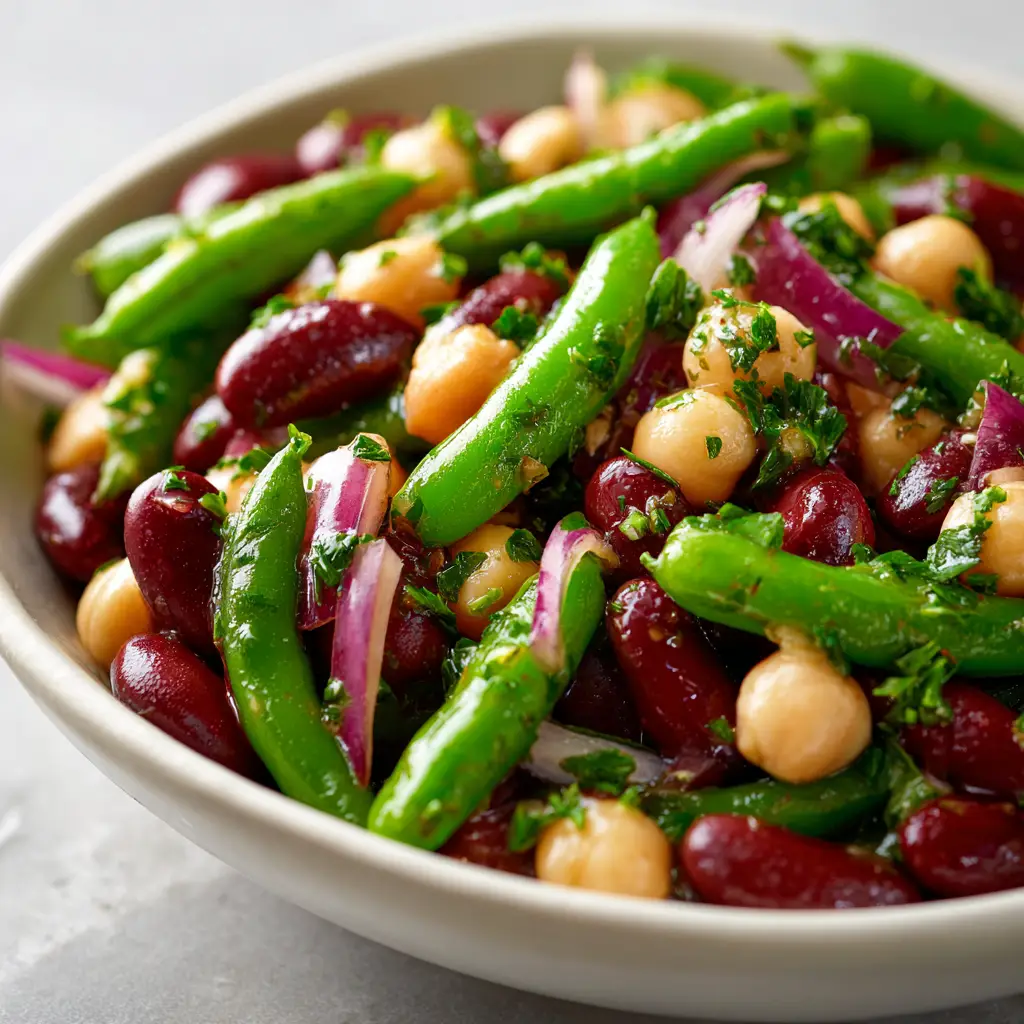 An extreme close-up shot of the easy bean salad, highlighting the texture of the green beans, wax beans, and kidney beans coated in a tangy dressing.