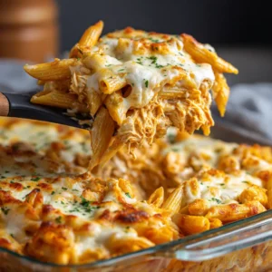A serving of buffalo chicken pasta on a plate, showing the creamy texture of the sauce clinging to the penne.