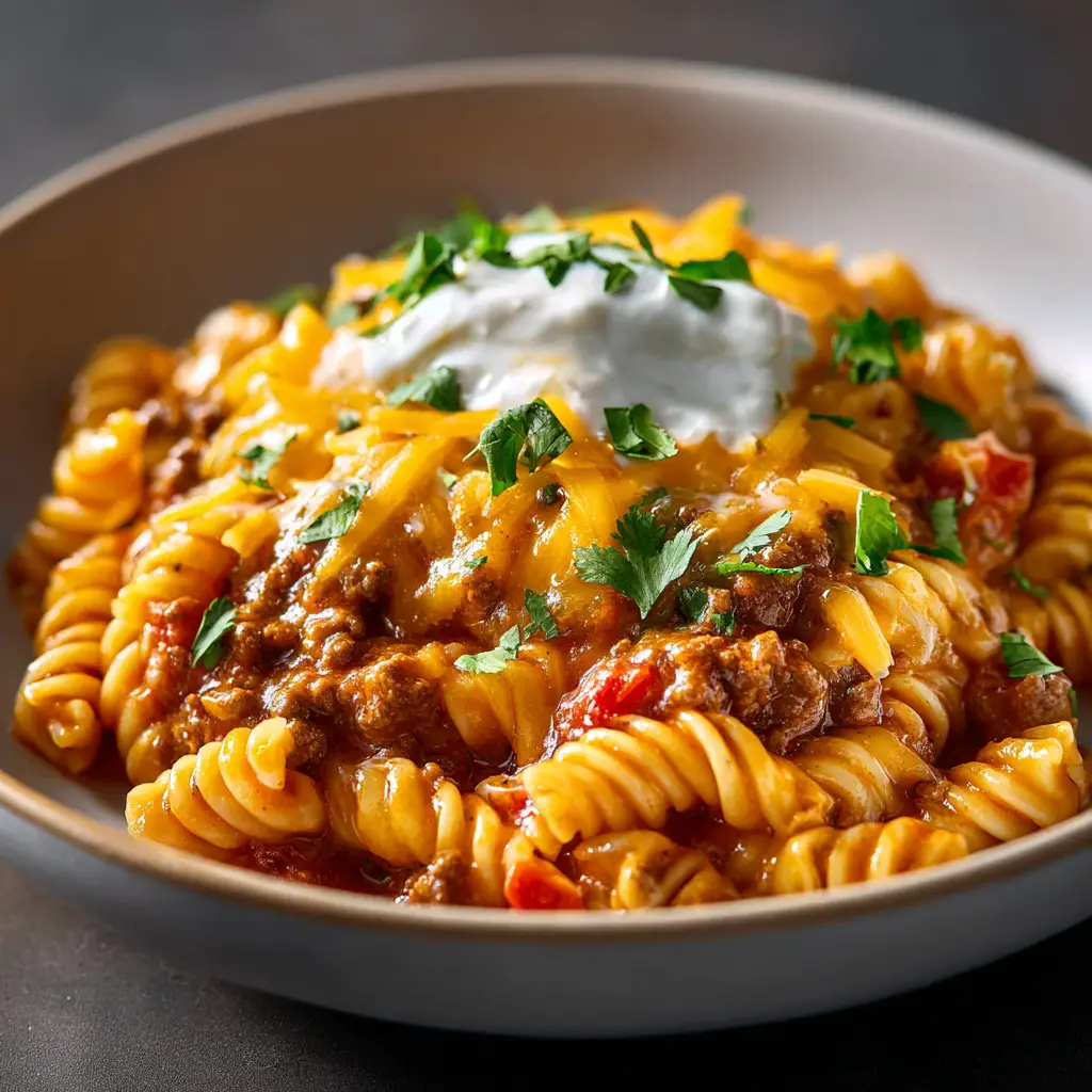 A bowl of finished crockpot taco pasta garnished with cilantro and a dollop of sour cream.