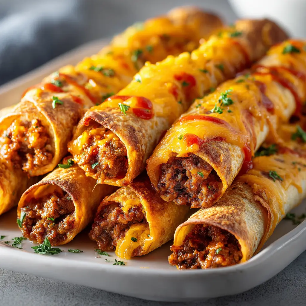 An overhead view of cheesy taco sticks on a white ceramic plate, ready to be served as an easy party appetizer.
