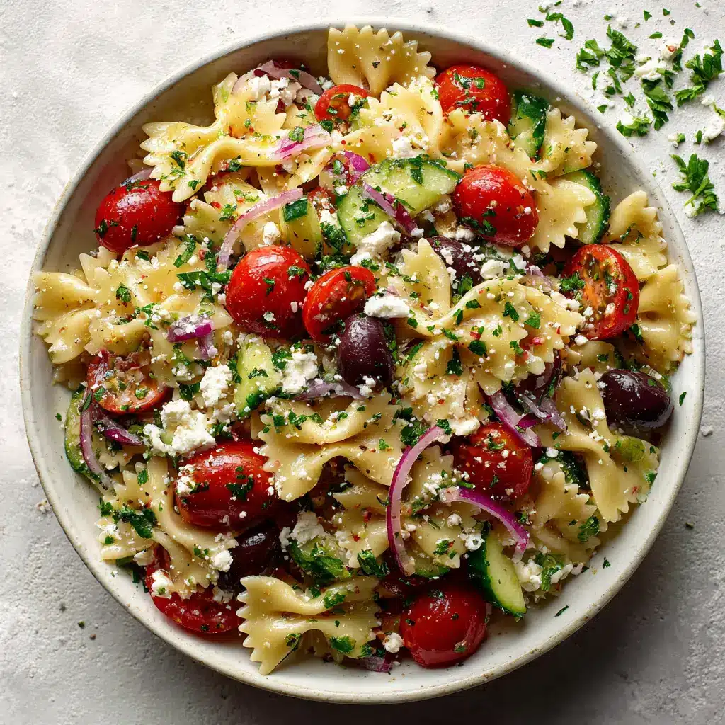 A large glass bowl filled with a colorful farfalle pasta salad, showing the key ingredients like cherry tomatoes, cucumbers, and red onions before being tossed.