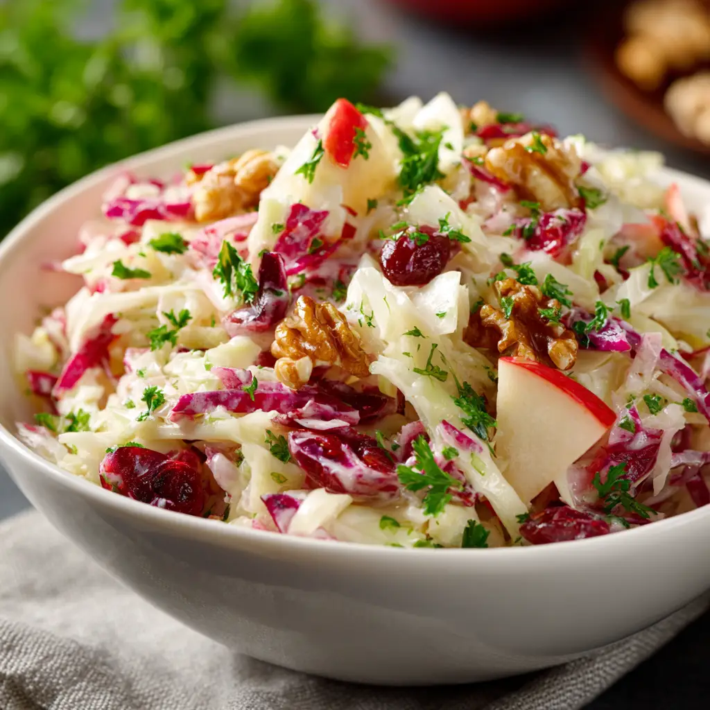 Cranberry Apple Coleslaw: A Refreshing Twist on a Classic 1 A final plated serving of the finished Cranberry Apple Coleslaw, highlighting the crunchy texture of the apples and pecans.