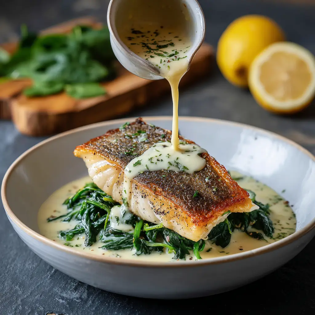 Lemon Garlic Sea Bass (Crispy Skin, 15 Minutes!) 1 A flaky piece of cooked sea bass being lifted with a fork, showing the tender and moist interior of the fillet.