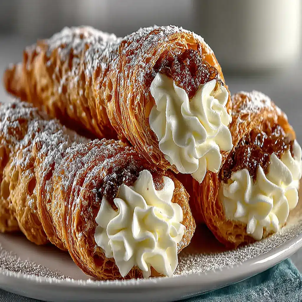 A close-up of a single cream horn, showing the crispy, flaky layers of the puff pastry and the creamy filling.