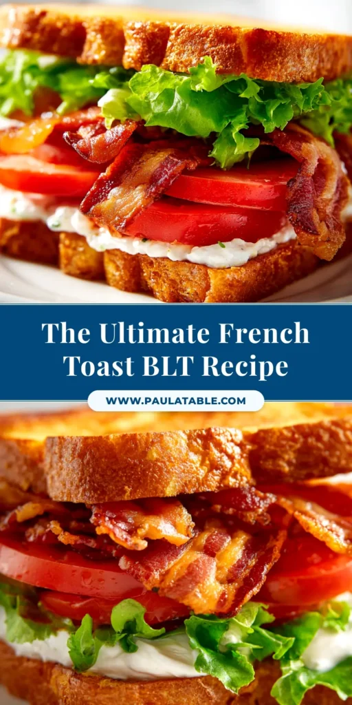 A delicious French Toast BLT sandwich cut in half and stacked, showcasing layers of crispy bacon, lettuce, and tomato between golden-brown French toast slices.