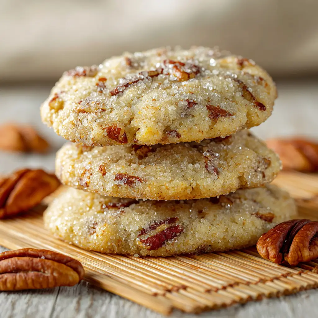 An overhead view of freshly baked butter pecan cookies cooling on a wire rack, highlighting their golden-brown edges and soft centers.