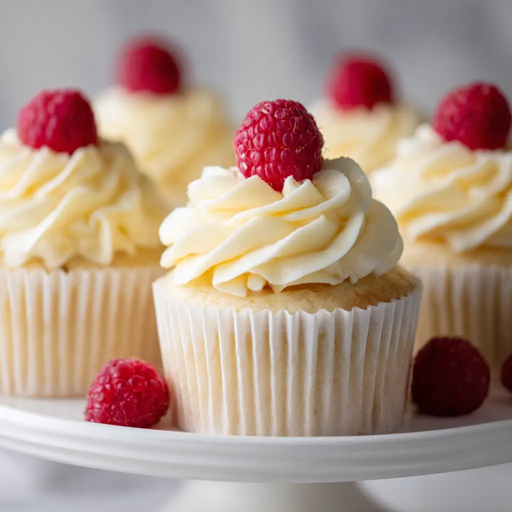 A batch of freshly baked raspberry lemon cupcakes cooling on a wire rack before being frosted, showcasing their golden tops.