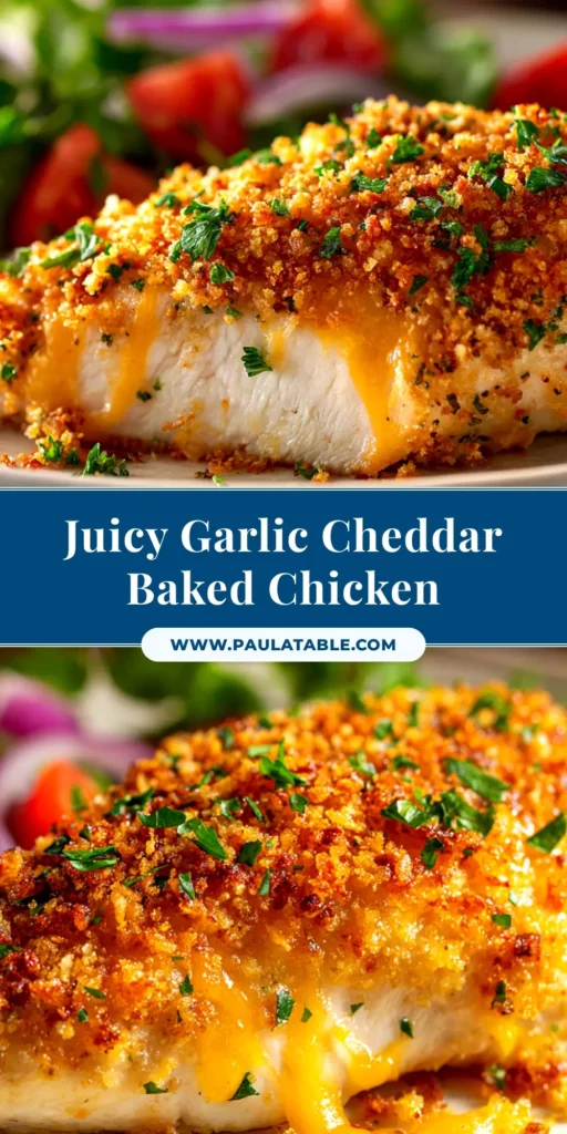 A close-up overhead shot of baked Garlic Cheddar Chicken in a white baking dish, showing the golden, bubbly cheese topping and garnished with fresh chives.