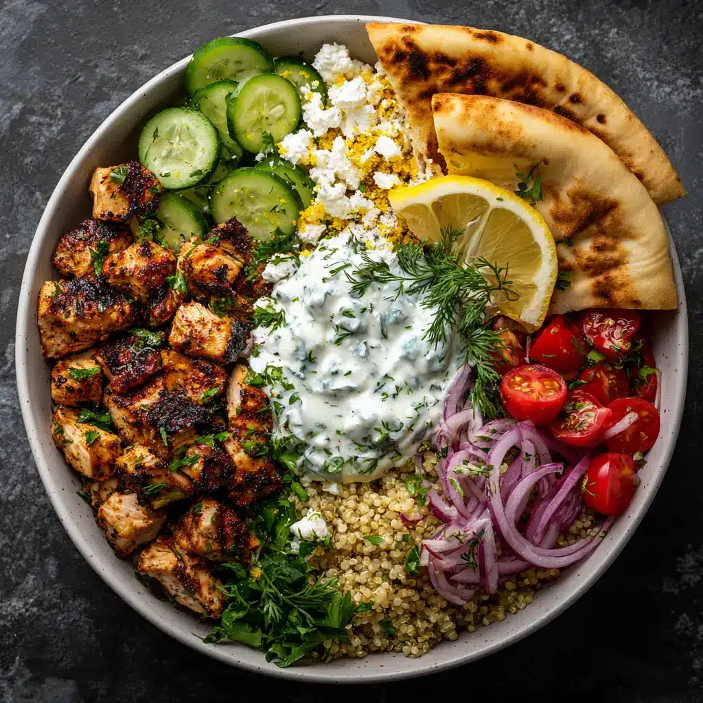 A close-up view of the seasoned and cooked Greek chicken for the gyro bowl, showing its juicy texture and golden-brown crust.