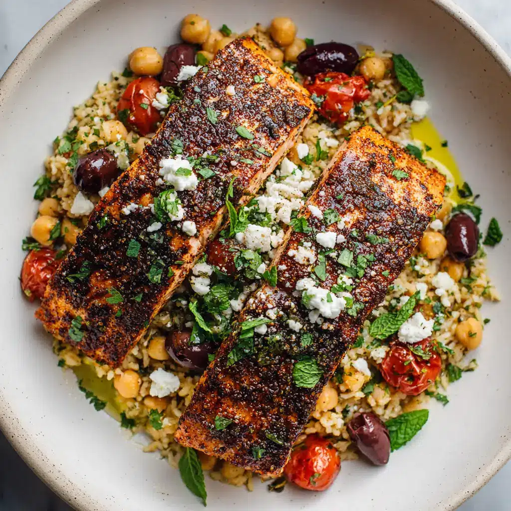 A close-up of the finished Mediterranean Salmon, garnished with fresh dill, parsley, and crumbled feta cheese for a flavorful Greek salmon dish.