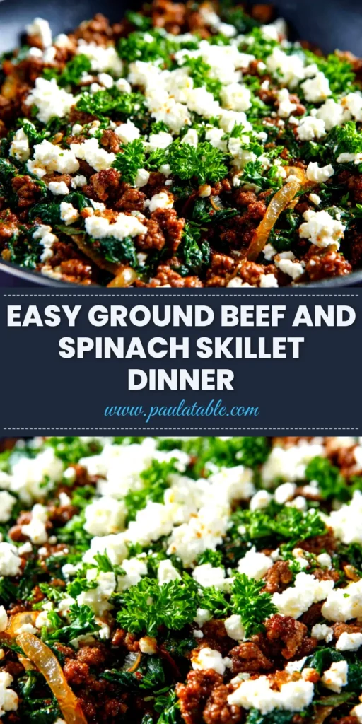 A top-down view of the Ground Beef and Spinach Skillet in a cast-iron pan, ready to be served. The text overlay reads 'Easy Ground Beef & Spinach Skillet - Ready in 25 Minutes!'