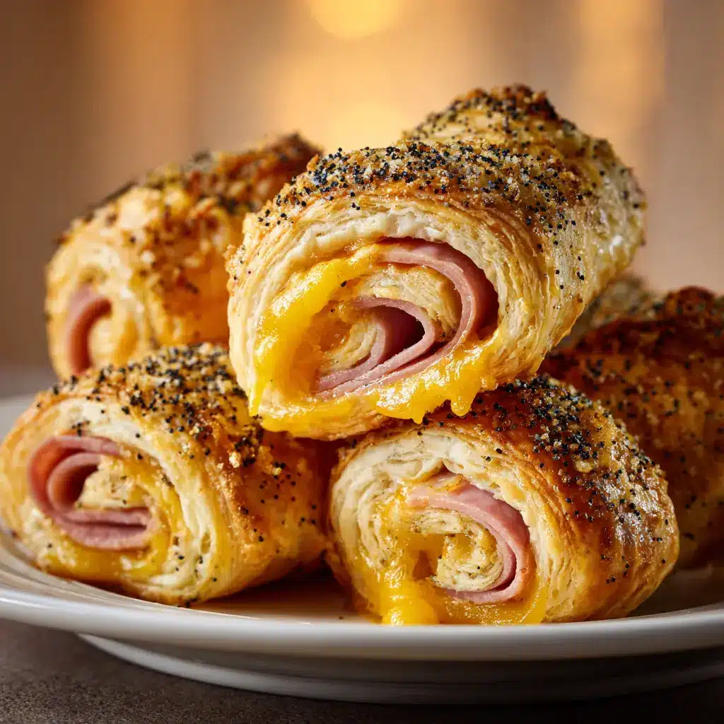 A serving plate with several ham and cheese roll-ups, emphasizing their suitability as a party appetizer.