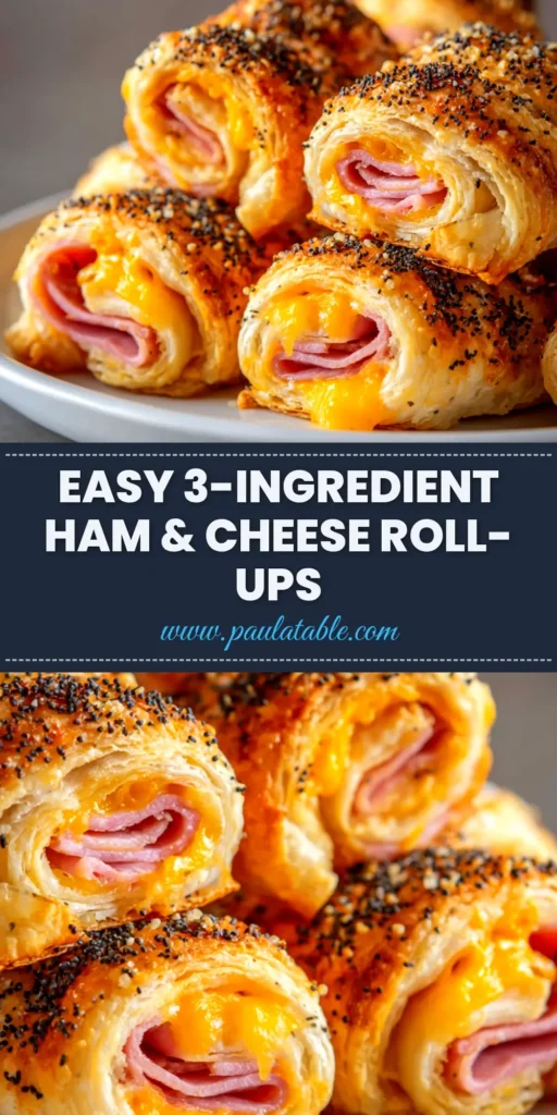 A close-up shot of golden-brown baked ham and cheese roll-ups on a platter, ready to be served as an easy appetizer.