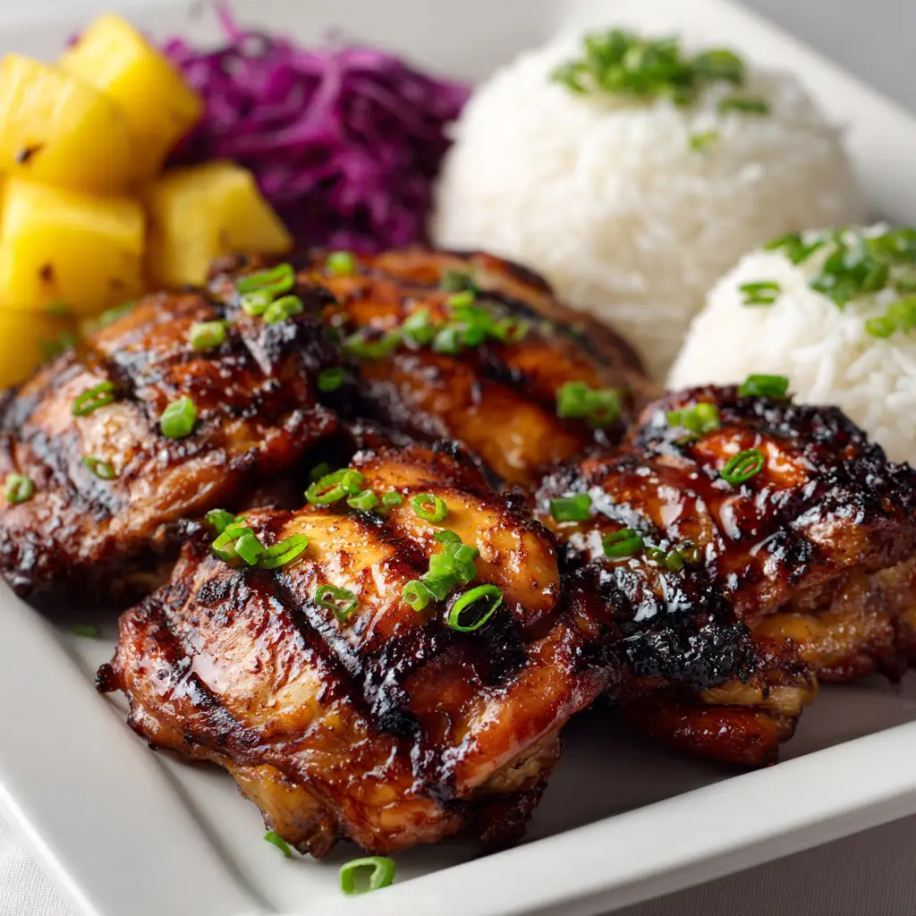 Glistening grilled Huli Huli chicken thighs arranged on a platter, showcasing their perfect char and saucy glaze.